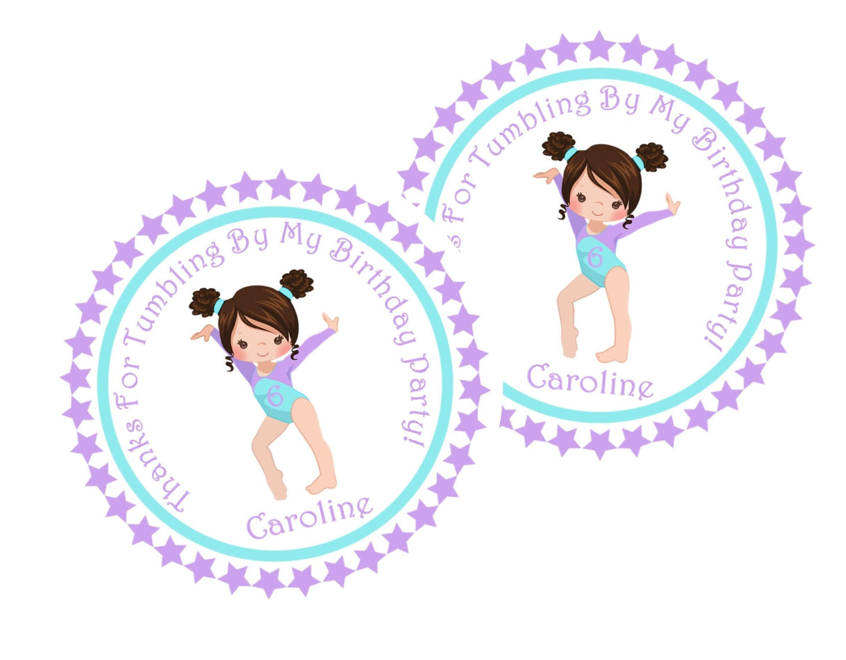 Teal leotard gymnast birthday party favor label