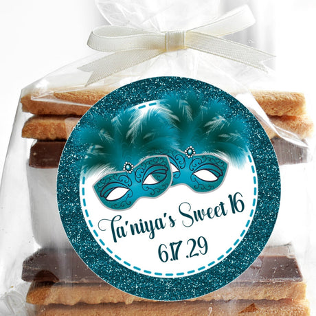Teal masquerade Sweet 16 sticker with printed glitter border