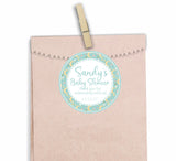 Teal moon and stars baby shower sticker with star pattern border