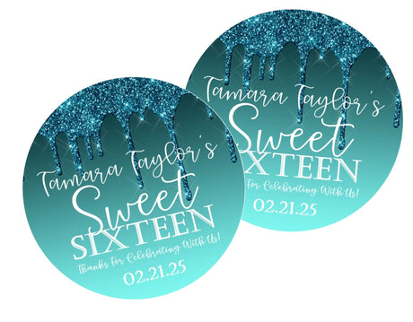 Teal ombre Sweet 16 birthday sticker with printed drip design