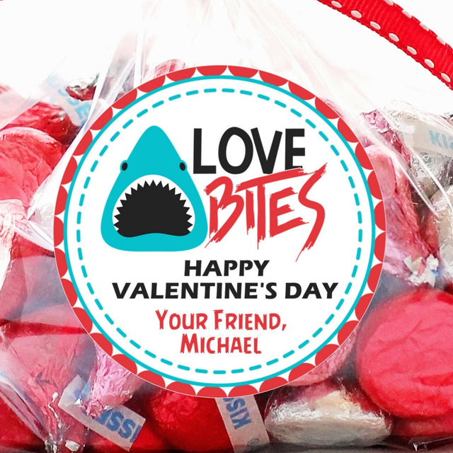 Teal shark Love Bites Valentine sticker personalized