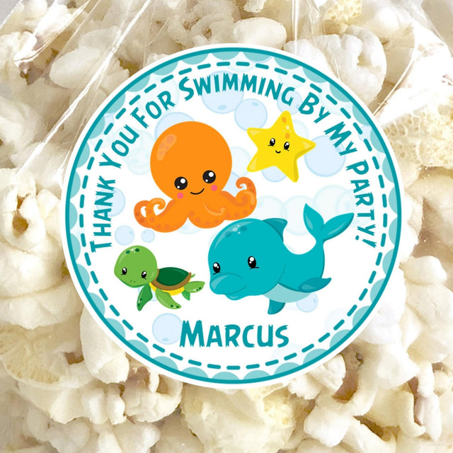 Teal under the sea birthday sticker with whale and octopus