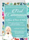 Teal wildflower first holy communion invitation for girls