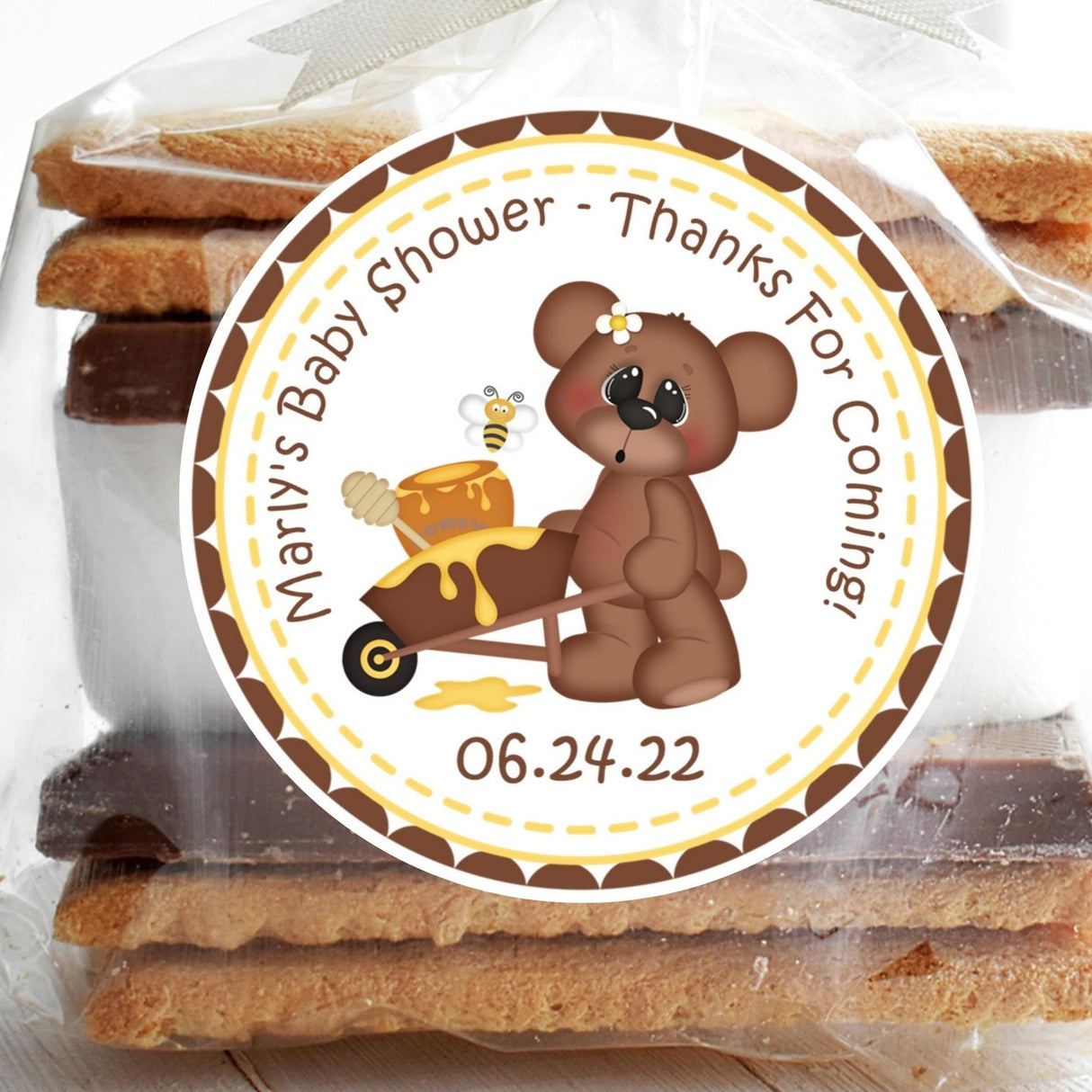 Teddy bear with honey pot baby shower sticker