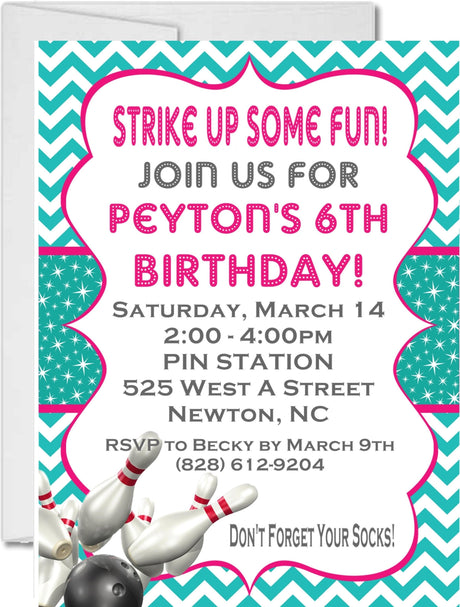 girls pink aqua bowling birthday party invitations bowling pin design