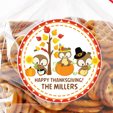 Thanksgiving owl sticker with pumpkins fall leaves and harvest colors