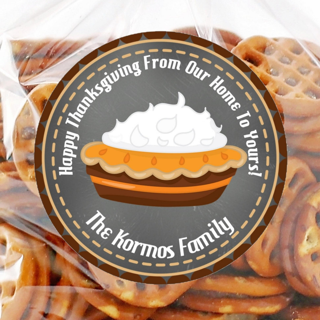 Thanksgiving pie sticker featuring pumpkin pie with whipped topping on chalkboard background