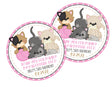 Three kitten birthday sticker with pink patterned border