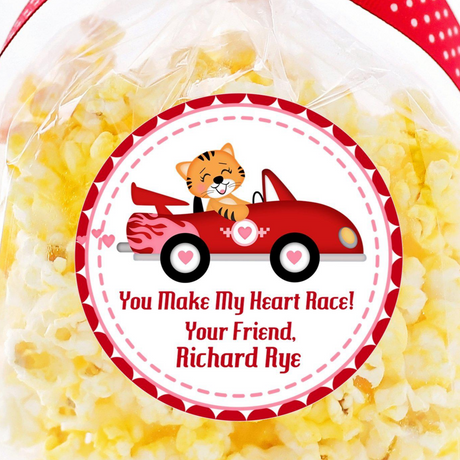 Tiger racecar Valentine sticker with heart design