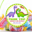 Toddler dinosaur birthday sticker with purple and green dino characters