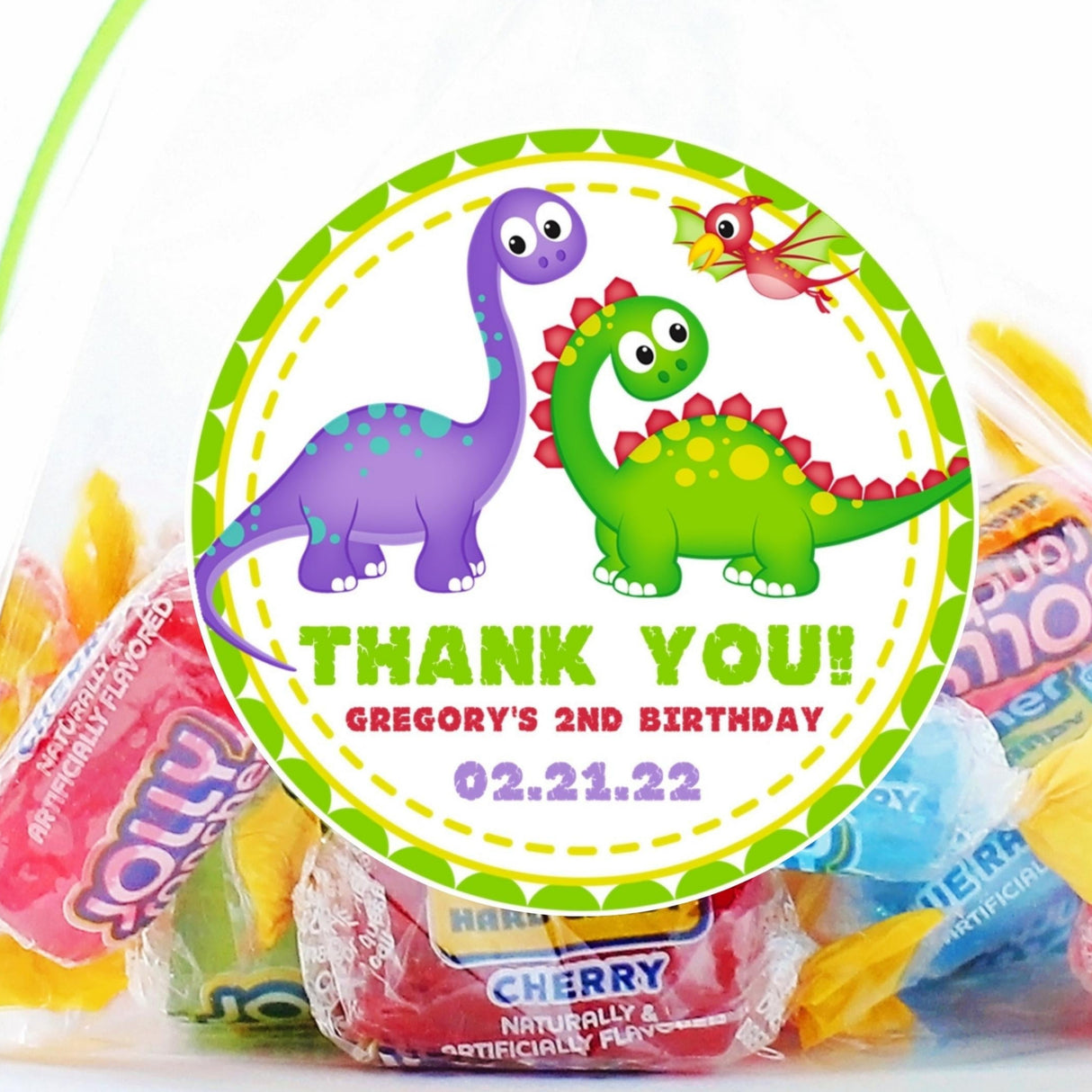 Toddler dinosaur birthday sticker with purple and green dino characters