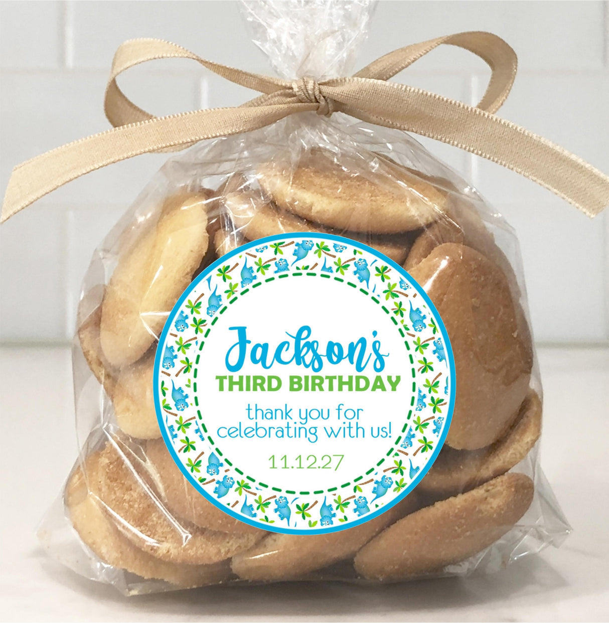 Toddler dinosaur party favor label with palm tree border