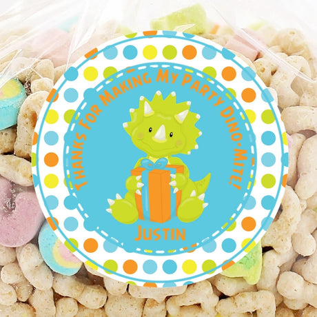 Toddler dinosaur sticker with green dino and colorful polka dots