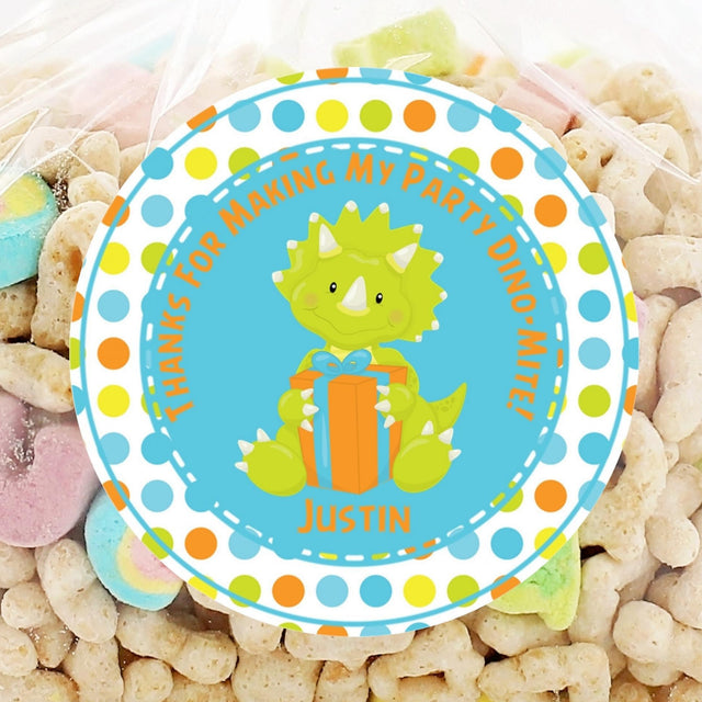 Toddler dinosaur sticker with green dino and colorful polka dots