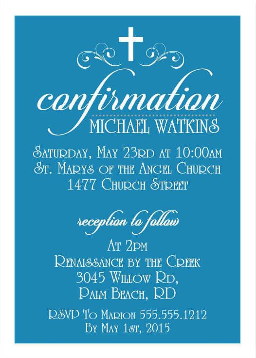 Traditional church Confirmation invitation in blue and white
