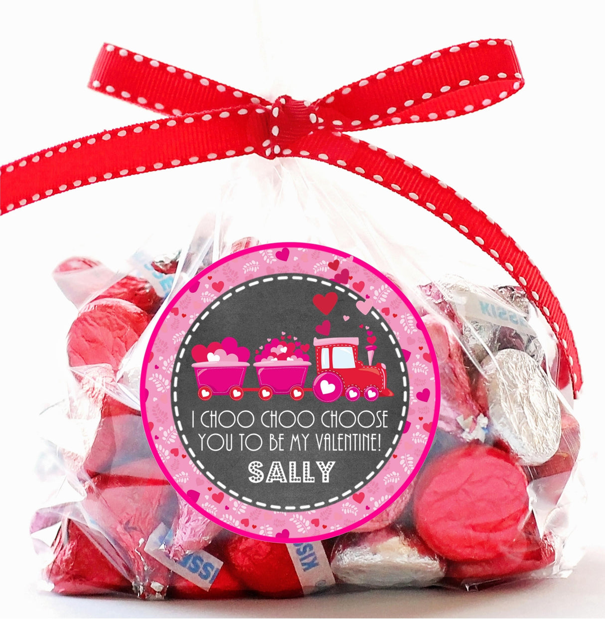 Train Valentine classroom favor label in pink and red