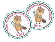 Tribal beaver birthday sticker with teal and plum feathers