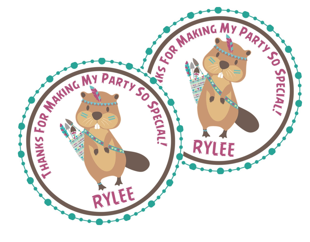 Tribal beaver birthday sticker with teal and plum feathers
