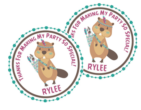 Tribal beaver birthday sticker with teal and plum feathers