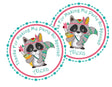 Tribal raccoon birthday sticker with pink and teal feathers