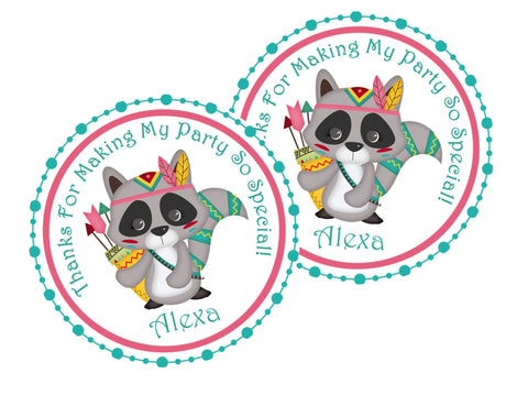 Tribal raccoon birthday sticker with pink and teal feathers