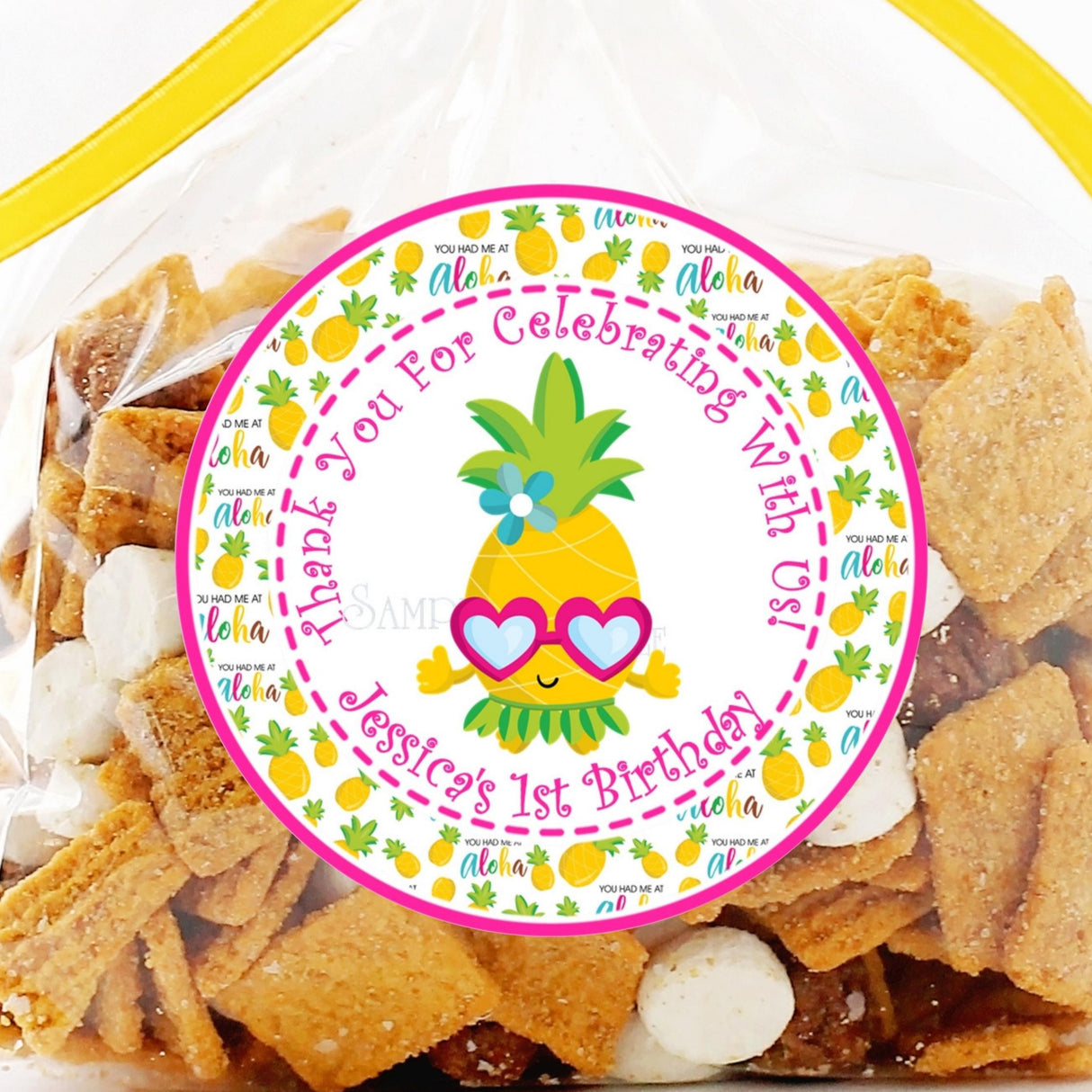 Tropical aloha pineapple birthday sticker with heart sunglasses