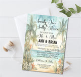 Tropical beach wedding invitation with watercolor palm trees and soft seaside colors.