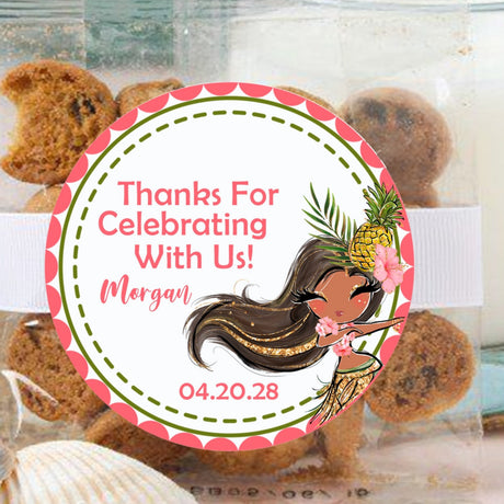 Tropical luau birthday sticker with hula girl and personalized name