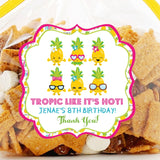 Tropical pineapple birthday party stickers with colorful fruit characters