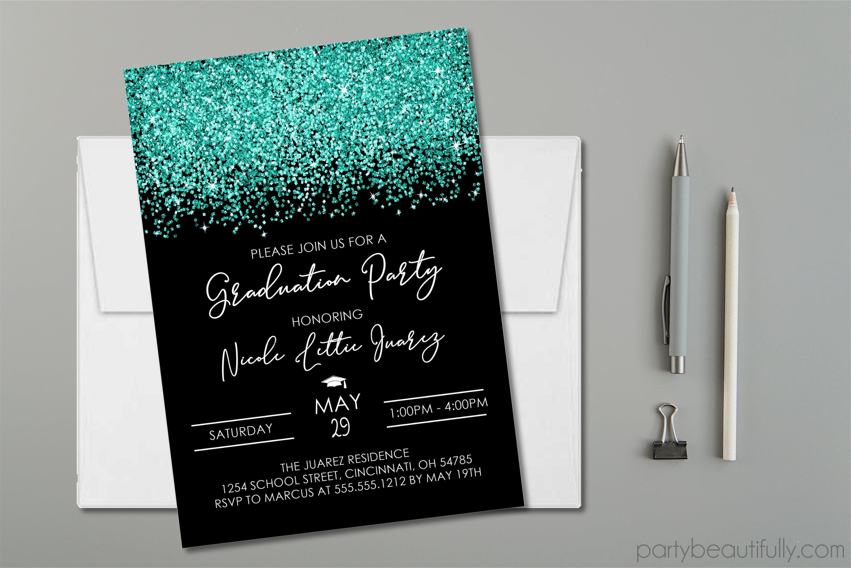 Turquoise And Black Graduation Party Invitations