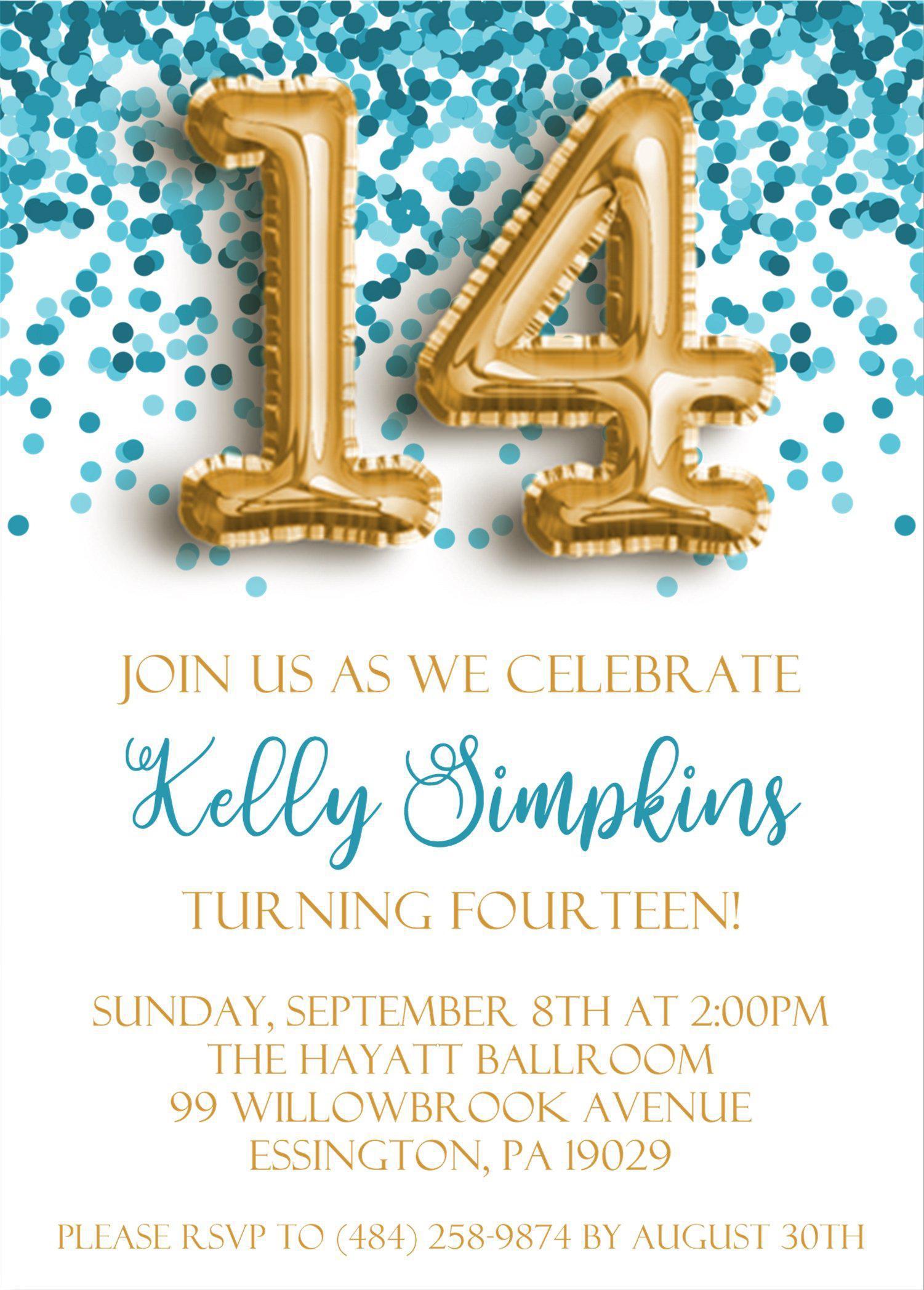 Turquoise And Gold Confetti Teen Birthday Party Invitations