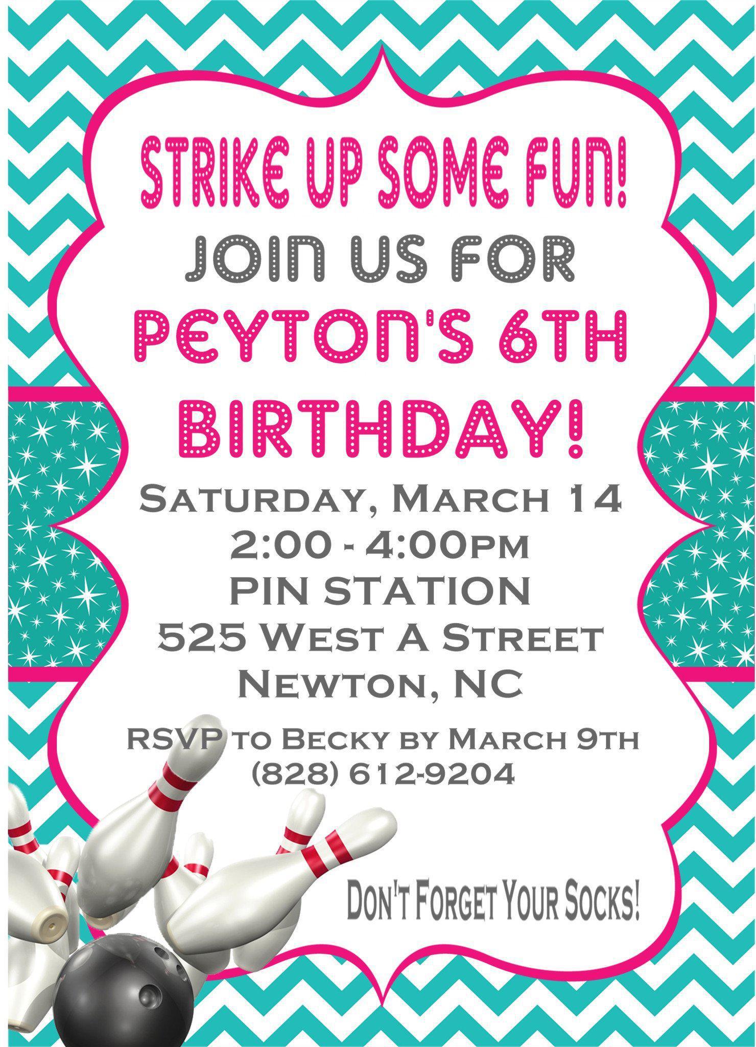 Turquoise And Pink Bowling Birthday Party Invitations