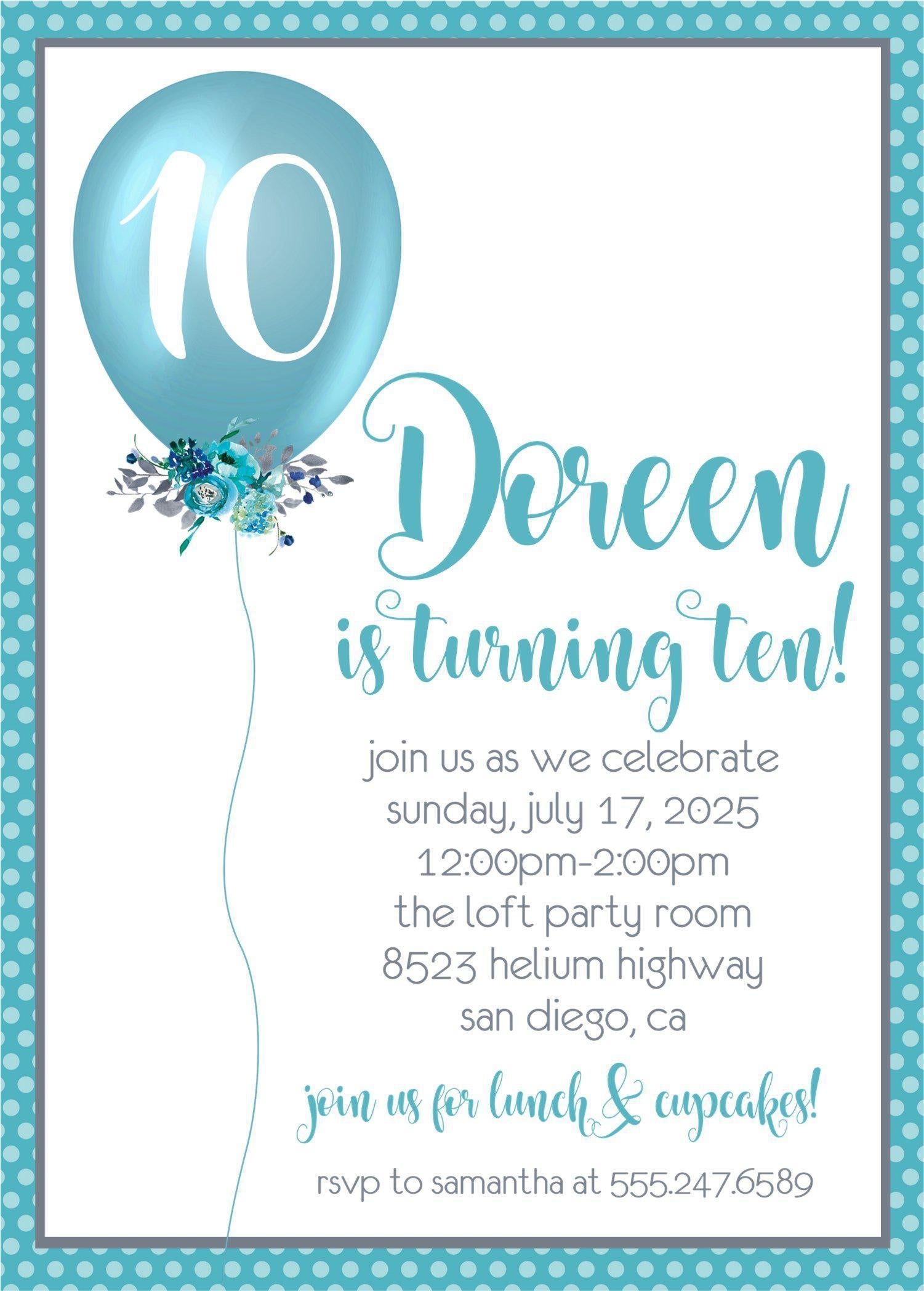 Turquoise Balloon Birthday Party Invitations