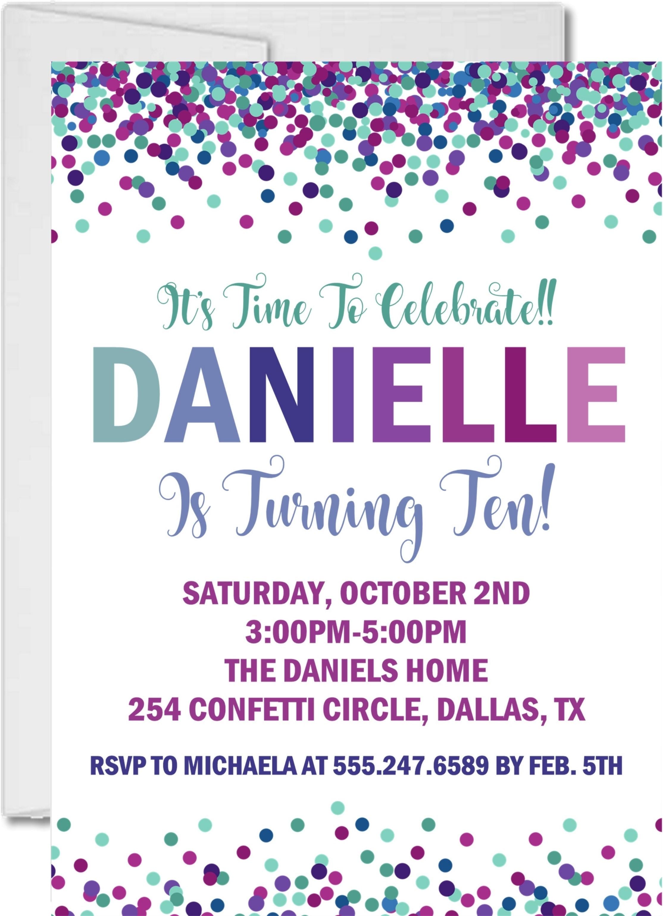 Turquoise, Blue And Purple Confetti Birthday Party Invitations
