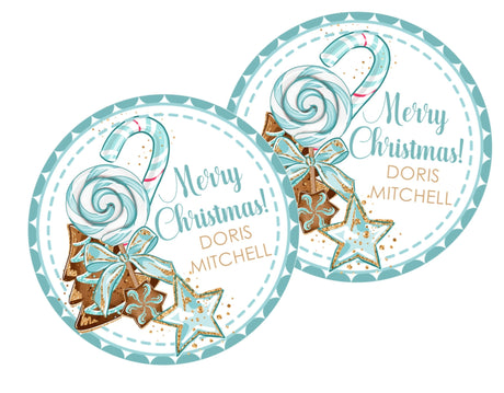 Turquoise Christmas cookie sticker with candy and star holiday design