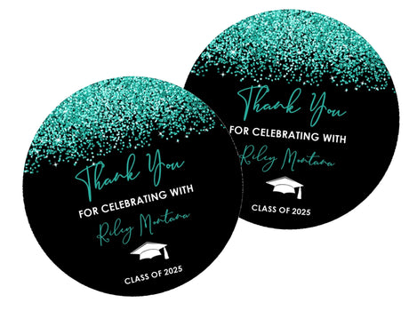 Turquoise and black graduation stickers – printed glitter design on matte paper