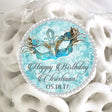 Turquoise and gold masquerade birthday sticker with printed glitter border