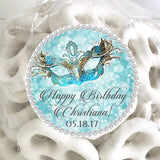 Turquoise and gold masquerade birthday sticker with printed glitter border