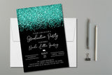 Turquoise graduation party invitation with confetti design on black background