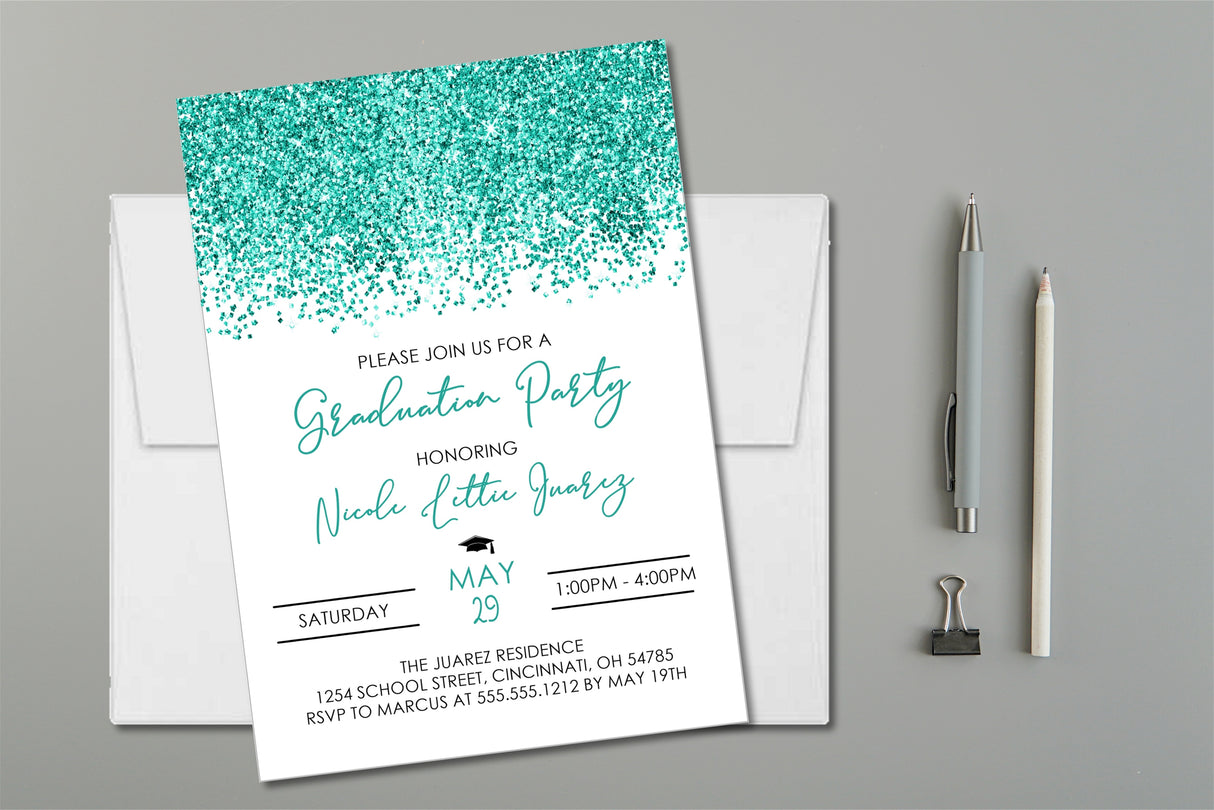 Turquoise graduation party invitation with confetti design on white background