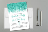 Turquoise graduation party invitation with confetti design on white background