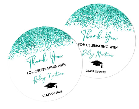 Turquoise graduation stickers – printed glitter design on matte paper