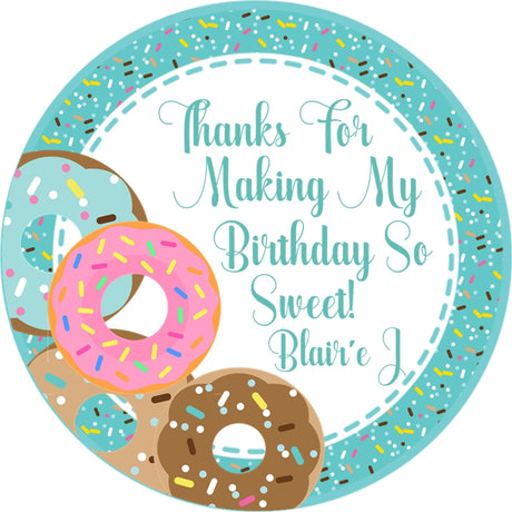 Turquoise pink donut birthday sticker with sprinkles and custom name