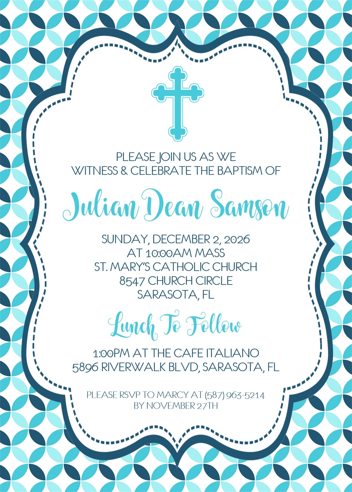 Turquoise religious invitation for baptism christening or confirmation