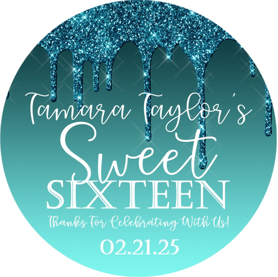 Turquoise sweet 16 birthday party sticker label