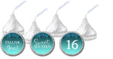 Turquoise sweet sixteen candy stickers on chocolate candies
