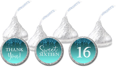 Turquoise sweet sixteen candy stickers on chocolate candies