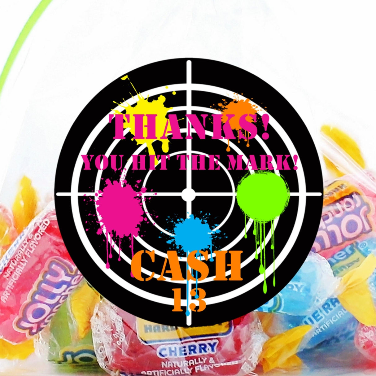 Turquoise target paintball birthday sticker with pink and teal splatter