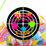 Turquoise target paintball birthday sticker with pink and teal splatter