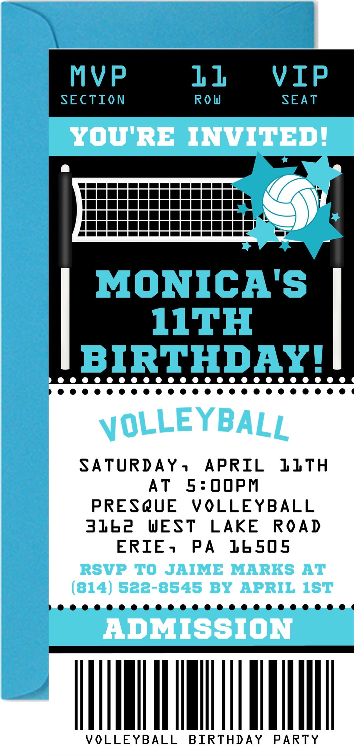 Turquoise volleyball birthday ticket invitation with MVP sports theme